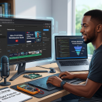 Digital creator Onaolapo at a professional workstation with AI video editing tools and a YouTube Studio monetization dashboard