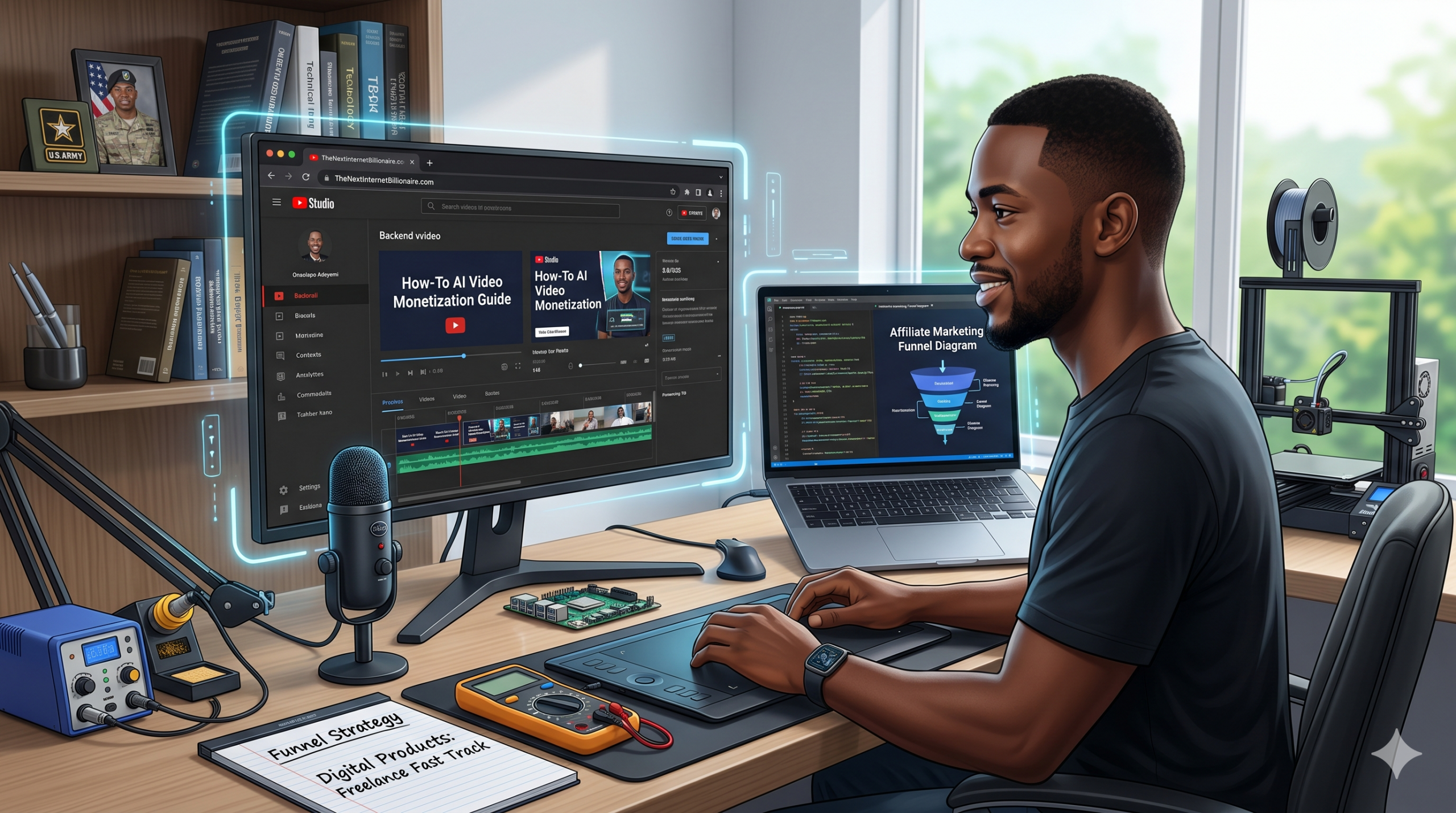 Digital creator Onaolapo at a professional workstation with AI video editing tools and a YouTube Studio monetization dashboard