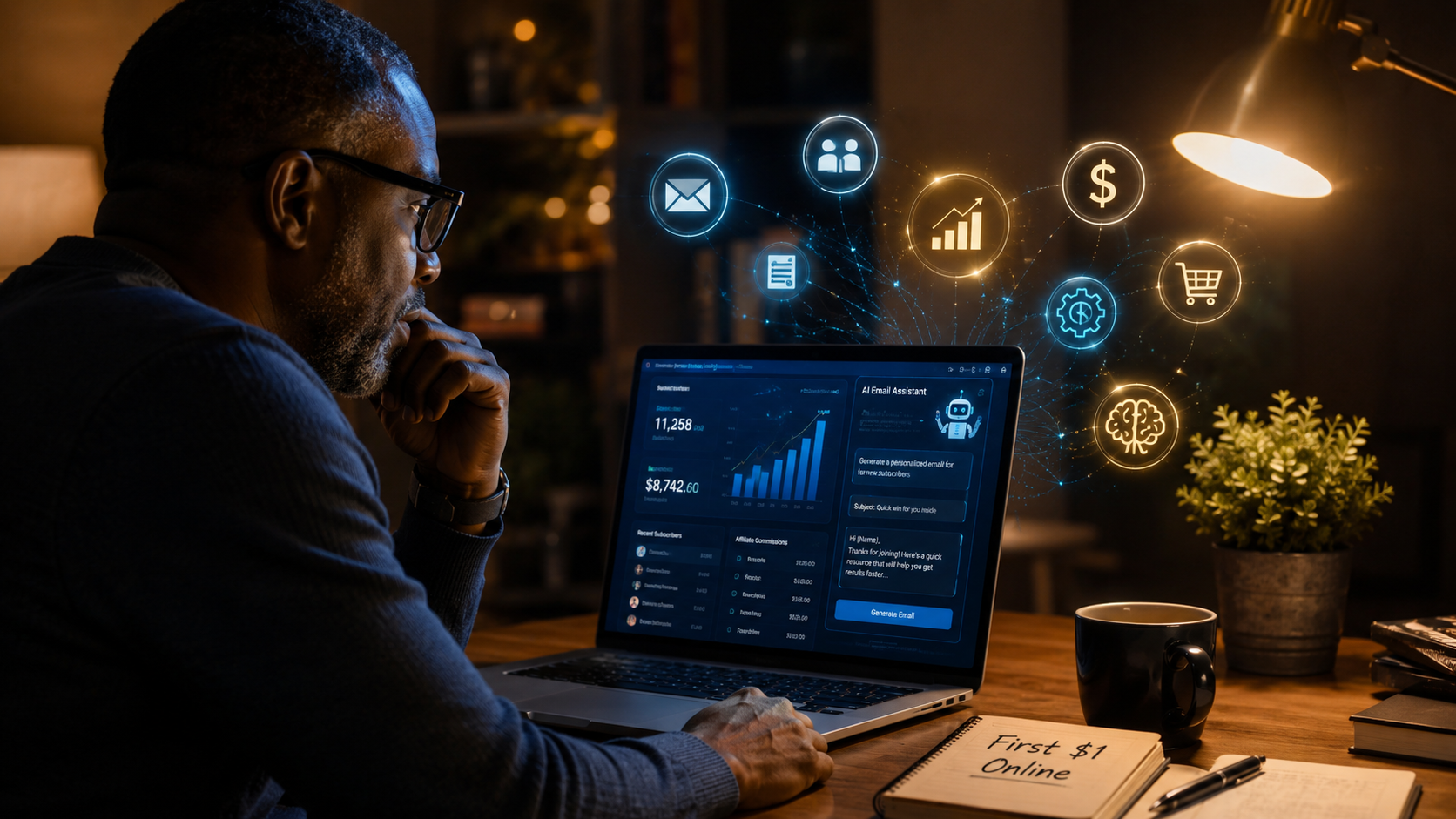 A digital entrepreneur building an email list and earning passive income using AI-powered email marketing and affiliate marketing strategies.